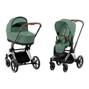 Картинка товара Коляска 2 в 1 Cybex Priam IV Chrome Brown Leaf Green в комплекте со спальным блоком